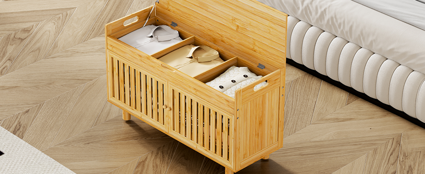 Shoe Storage Bench, Bamboo Entryway Bench with 2 Doors & Padded Seat Cushion