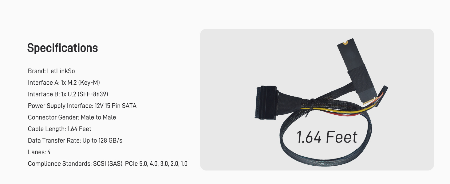 LetLinkSo Gen5 PCIe 5.0 U.2 to M.2 Adapter Card SFF-8639 to M2 NVMe SSD Cable