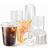 Boxential 50 Pack 16 oz Round Bottom Plastic Cups with Strawless Sip Lids, Disposable Coffee Cups...