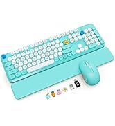 Wireless Keyboard and Mouse Combo with Magnetic Wrist Rest, Round Keycaps, Full-Size Retro Typewr...
