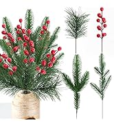 24 Pcs Christmas Artificial Pine Picks and Red Berry Stems, 10.5 Inch Greenery Pine Sprigs, 8 Inc...