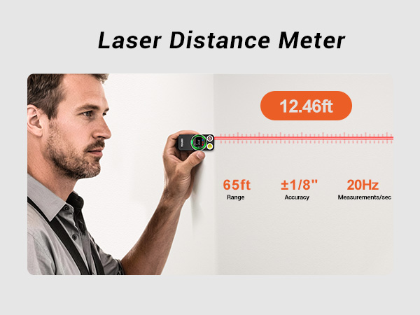 Laser distance meter—65ft range, ±1/8; accuracy, 20 measurements per second.