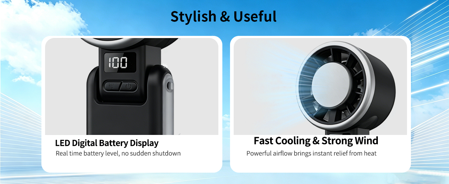 Text reads 'Stylish & Useful' with two product feature labels: 'LED Digital Display Display' (left) and 'Fast Cooling & Drying Wind' (right). Split-view product showcase with white background.
