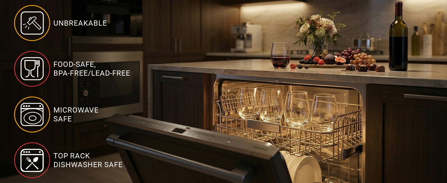Clear plastic stemless wine glasses loaded safely in a kitchen dishwasher top rack.
