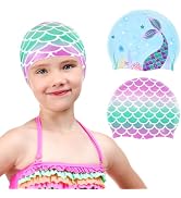 2 Pack Kids Swim Cap Durable Silicone Swim Caps for Boys Girls Toddler Waterproof Bathing Pool Sw...