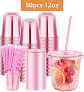 KesaPlan 50 Pack 12 oz Pink Plastic Party Cups with Lids and Straws, Disposable Iced Coffee Cup w...