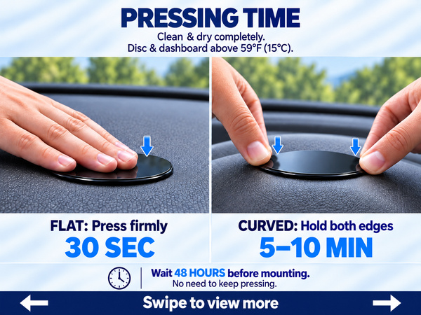 Flat: press 30 seconds. Curved: hold edges 5-10 minutes. Wait 48 hours before mounting.