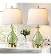 QiMH Green Glass Table Lamps for Living Room, Bedside Lamps Set of 2 with USB A+C Charging Ports,...
