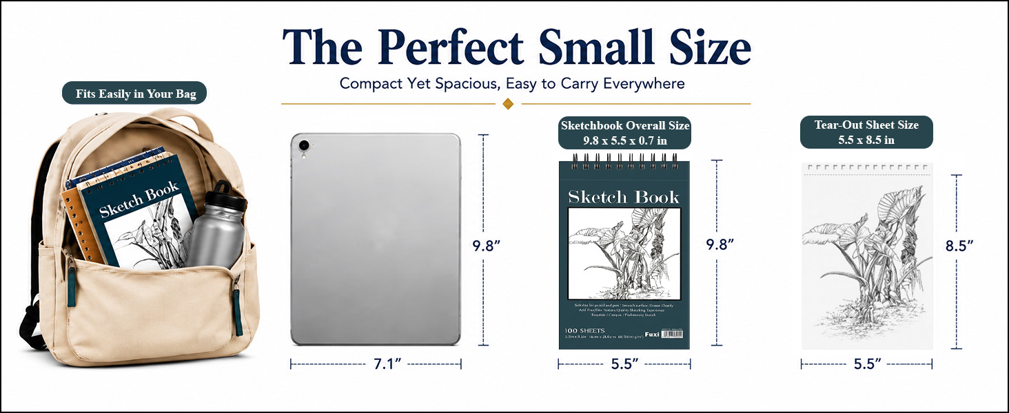 Fuxi small spiral sketchbook beside a backpack and iPad with 5.5 x 8.5 tear-out sheets for art.