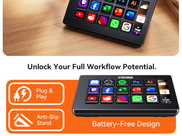 Text reads "Unlock Your Full Workflow Potential." Black production console with colorful illuminated buttons and keys. Features labeled "Plug & Play", "Auto-Clip Stand", "Battery-Free Design".