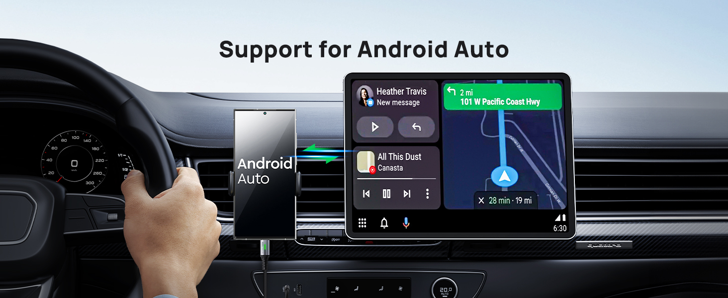 Car dashboard featuring Android Auto interface on display screen. Shows navigation and music controls while driver's hand is on steering wheel.