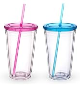 Zukro Clear Acrylic Tumbler with Straw and Lid 16 oz, Double Walled Insulated Reusable Plastic Ic...