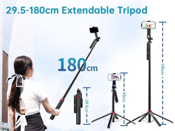 Extendable tripod with selfie stick functionality, adjustable from 29.5 to 180cm. Features phone mount, multiple height settings, and compact folding design for portability.