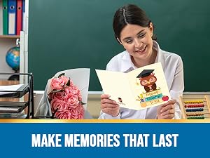 A teacher is happy reading the thoughtful message inside the thank you card for teacher.