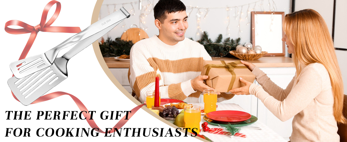 A man giving a wrapped gift to a woman at a dinner table with the spatula tongs shown as an inset.