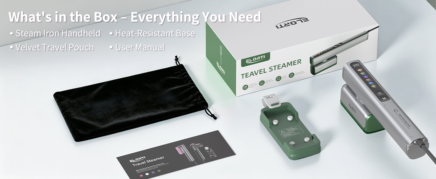 ELORTI package includes steam iron handheld, heat-resistant base, velvet travel pouch, user manual