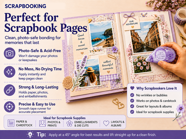 Scrapbook tape runner for scrapbook pages photos and memory albums