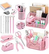 17 in 1 Pink Desk Organizers and Accessories Set, 3 Office Desk Supplies Storage Organization, 4 ...