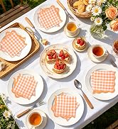 FALIZIFU 100 Pcs Orange Gingham Cocktail Napkins Paper 2-Ply Disposable Scalloped Orange Checkere...