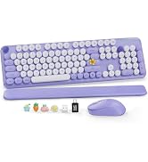 Wireless Keyboard and Mouse, Round Keycaps, Magnetic Wrist Rest, Purple | Full-Size Retro Typewri...