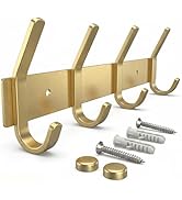 SAYONEYES Brushed Gold Wall Mounted Coat Rack – 12 Inch Stainless Steel Rail with 4 Double Coat H...