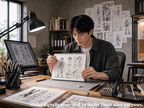 A young artist uses a SuFly sketchbook for character design, concept sketches, and studio drawing.