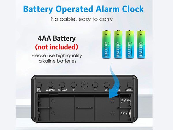 Digital Clock for Bedroom, Battery Powered Bedside Alarm Clock with 4 Adjustable Brightness