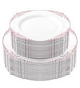Bestluck 100 PCS White and Rose Gold Plastic Plates for 50 Guests, Rose Gold Disposable Plates In...