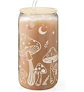 Mushroom 16oz Can Glass Tumbler with Acrylic Lid & Straw, Iced Coffee Cup for Women, Aesthetic Cu...