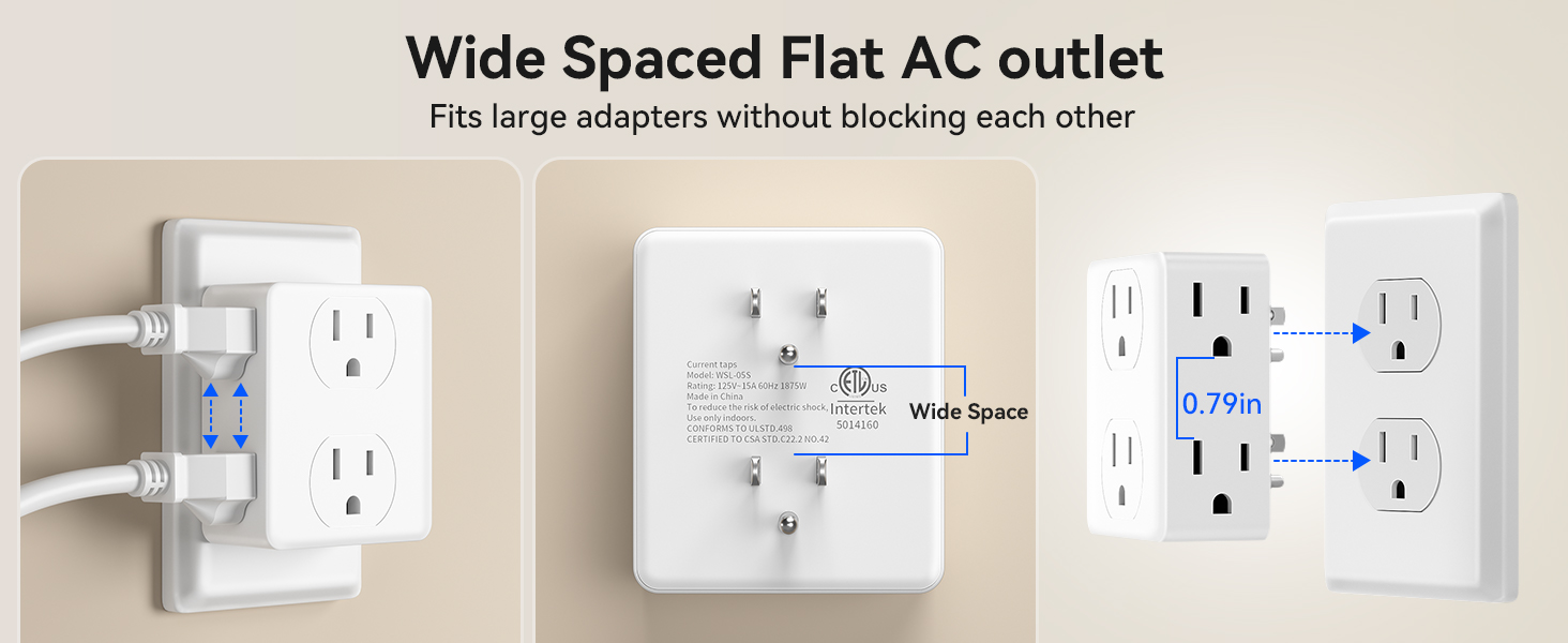 Wide space between outlets to fit big plugs