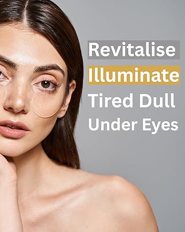 Text reads 'Revitalise Illuminate Tired Dull Under Eyes' (white and yellow text). Close-up of woman's face showing eye area, with text describing under-eye brightening cosmetic treatment product.