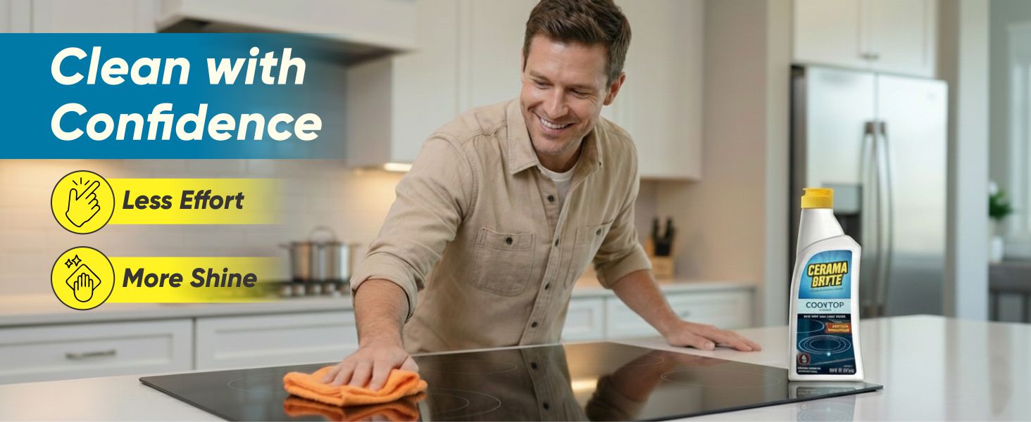 Cerama Bryte Cooktop Cleaner for all cooktops, shower doors, faux marble and pots and pans cleaning