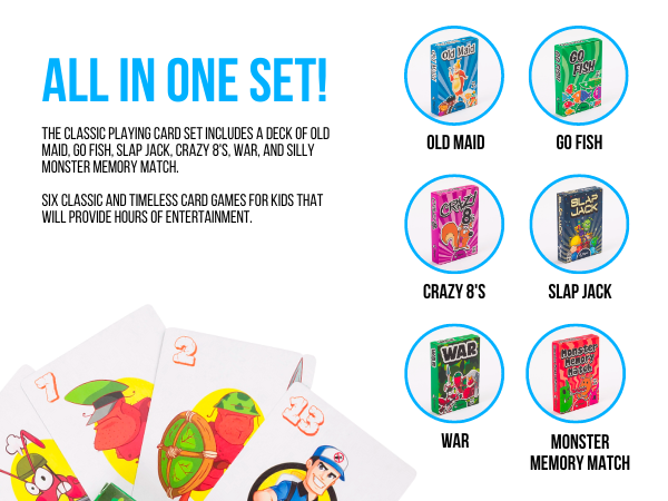 regal games, all in one set, old maid, go fish, slap jack, crazy 8's, war, monster memory mash