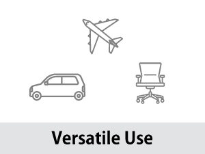 Traveler using SMART TRAVEL lumbar pillow in airplane, car, and office chair for comfort.