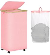 Pink Hamper with Wheels - 100L Large Laundry Hamper with Lid, Rolling Hamper on Wheels, Collapsib...