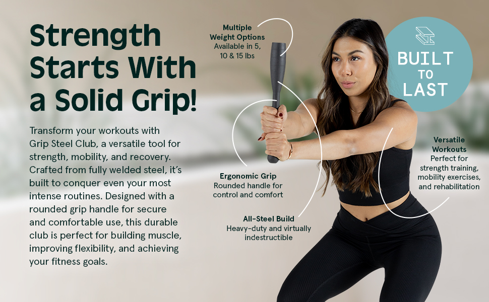 All steel workout club designed with a rounded grip handle for secure and comfortable use.