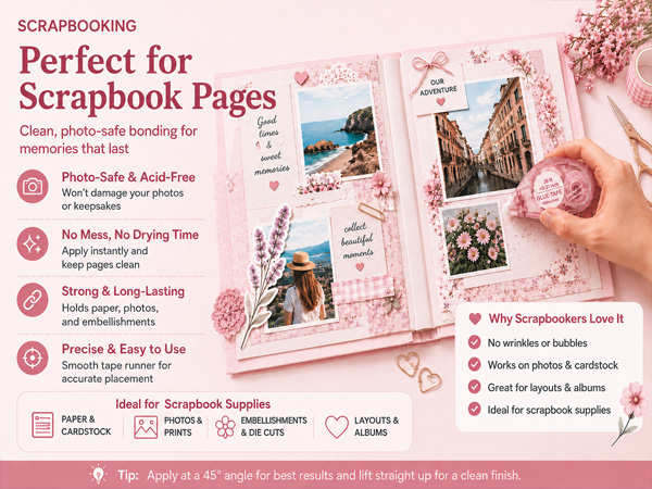 Scrapbook tape runner secures photos, cardstock and die cuts on a decorated photo album page.