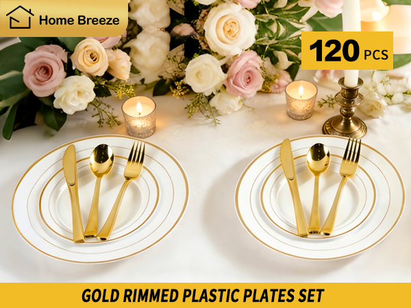 120 pcs gold rimmed plastic plates set