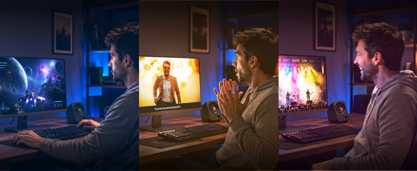 One desk showing FUNLOGY Speaker Plus used for gaming, movies, and music.