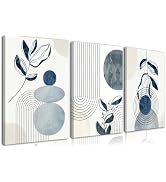 Frimeeme Blue Bohemain Framed Canvas Wall Art Set of 3,Abstract Geometric Line Wall Painting for ...