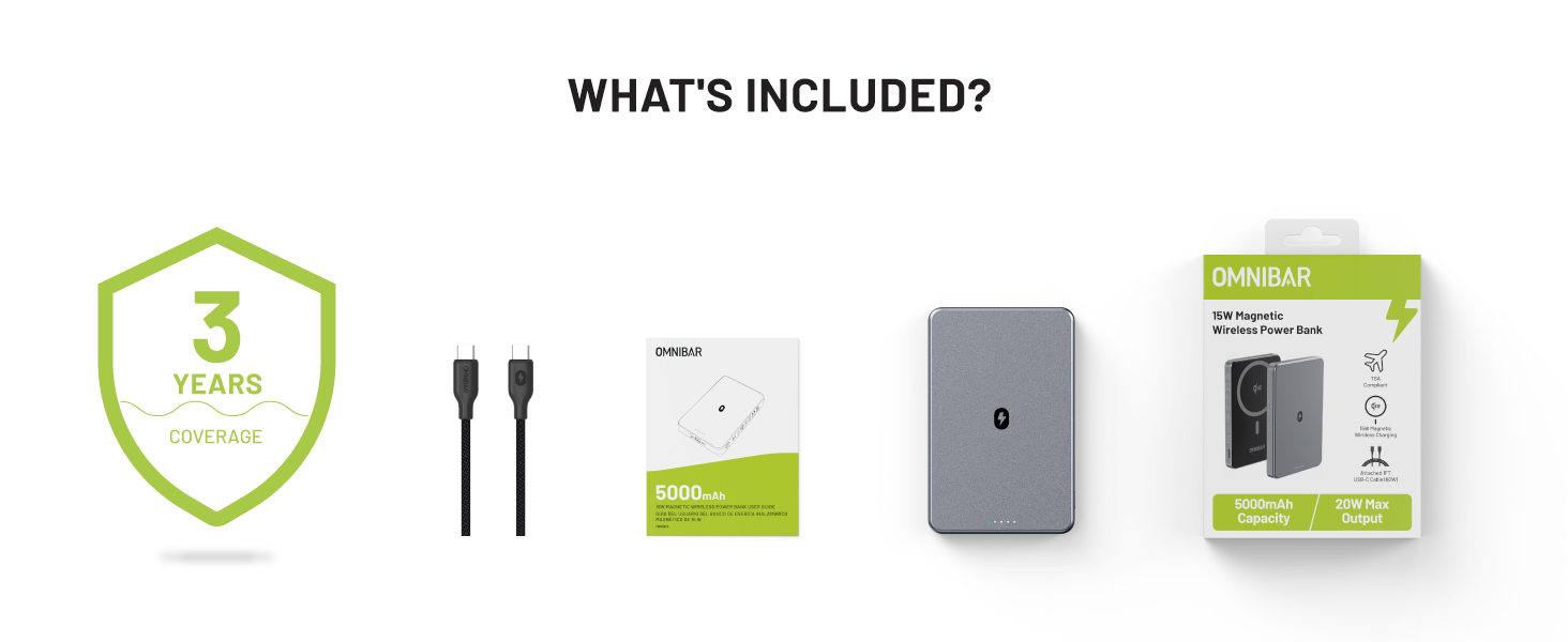 5,000mAh MagSafe power bank with USB-C to USB-C cable and user guide