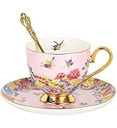 CHENP.HMC 3 Piece Bone China Cup and Saucer Set with Spoon Vintage Porcelain Coffee Cup Set, Flor...
