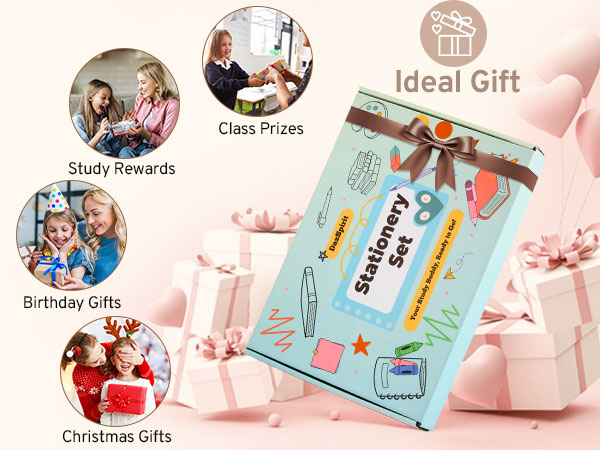 Stationery set gift box with pencil and ruler design, surrounded by gift-giving scenarios: study rewards, class prizes, birthday gifts, and Christmas gifts. Labeled as 'Ideal Gift'.