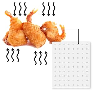 perforated toaster oven liners next to crispy shrimp