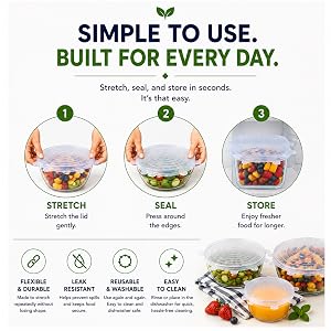 ABABIL reusable silicone stretch lids showing the simple four-step application process.