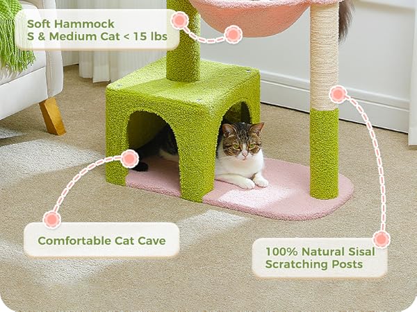 All-in-One Flower Cat Tree Scratching posts, metal hammock, and two-door condo in one cute design.