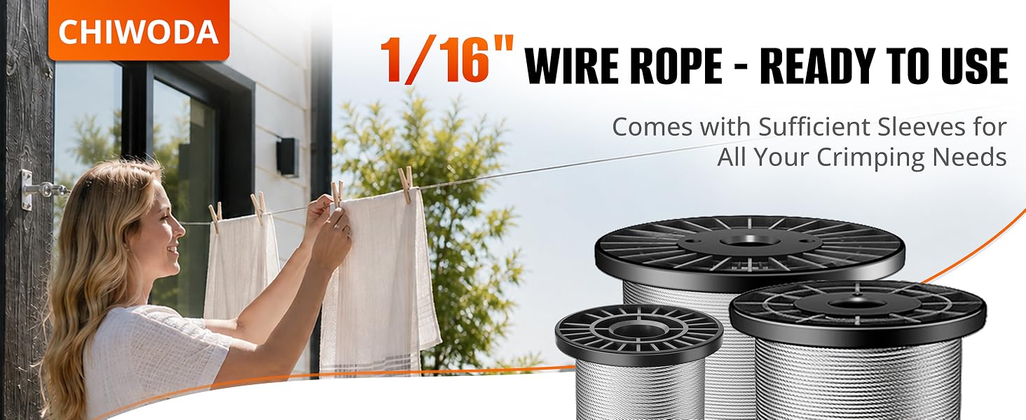 CHIWODA 1/16 in 304 stainless steel wire rope with crimp sleeves, ready for everyday projects.