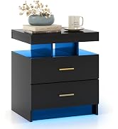 Giantex LED Nightstand, Modern Black Bedside Tables with 2 Storage Drawers, High Gloss End Side T...