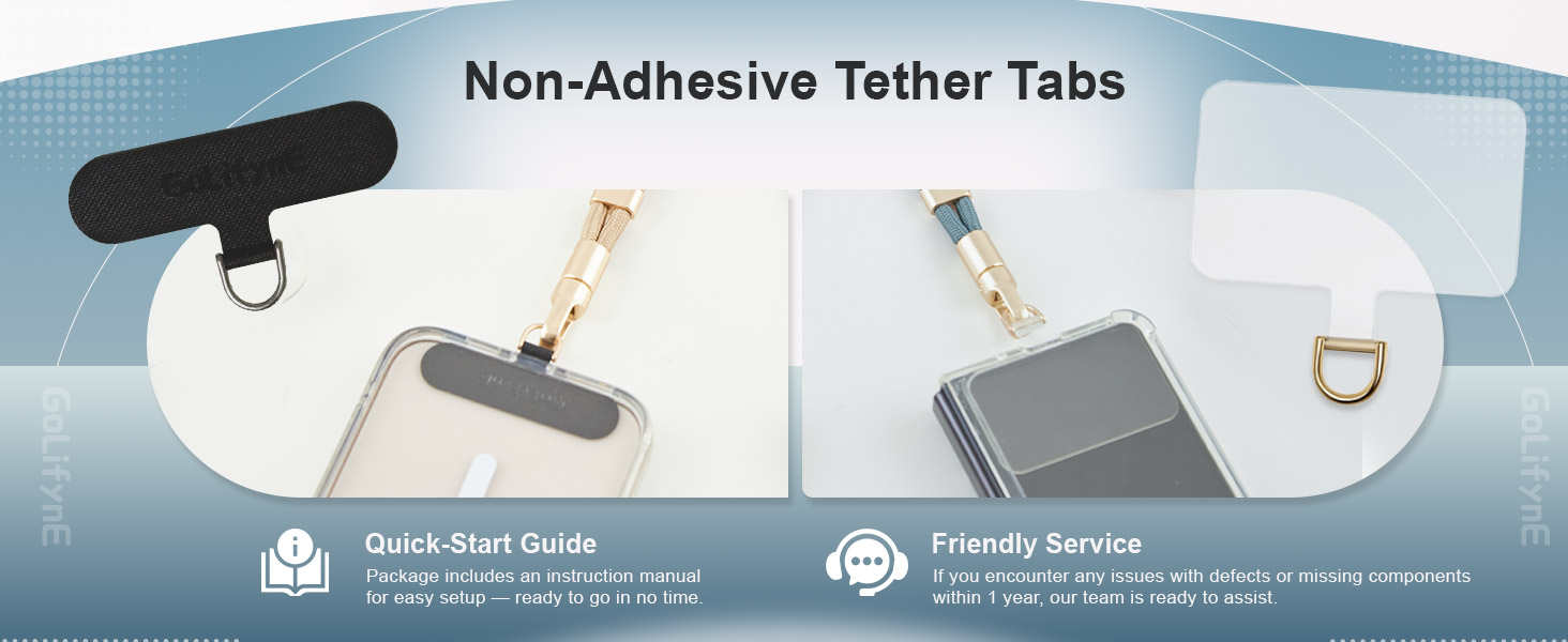 Text reads 'Non-Adhesive Tether Tabs'. Product demonstration showing clear plastic tabs being attached and secured to various devices and surfaces.