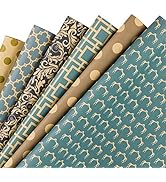 RUSPEPA Reversible Kraft Wrapping Paper Sheet - Navy Geometric Design Kraft Paper - 6 Sheets Pack...
